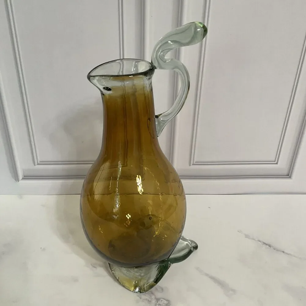 Hand Blown Glass Amber Pitcher with attached Clear Handle 10.5”Tall Clear Base